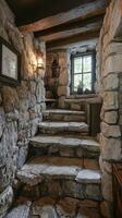 A stone staircase leads to a room with a window photo