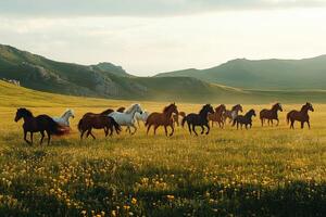 A herd of horses running in a field photo