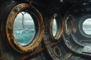 The interior of a ship with portholes and windows photo