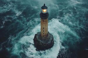 An aerial view of a lighthouse in the ocean photo