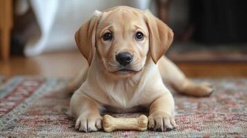 A puppy is sitting on a rug with a bone photo