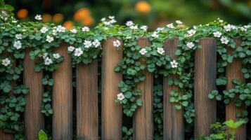 A wooden fence with flowers growing on it photo