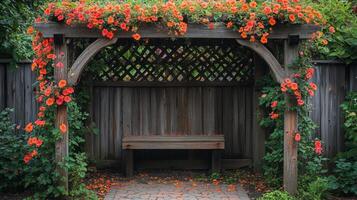 A bench under a wooden arbor with flowers on it photo