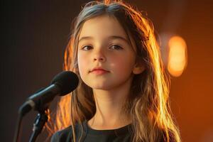 A young girl is singing into a microphone photo
