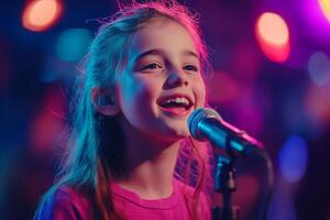 A young girl singing into a microphone photo