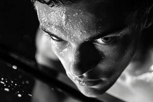 A man with wet hair and a black and white photo