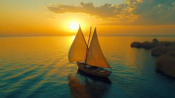 A sailboat floating in the water at sunset photo