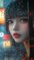 A girl with wet hair and rain drops on her face photo