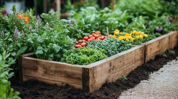 A wooden raised garden bed with vegetables and herbs photo
