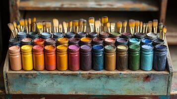 A wooden box with many paint tubes photo