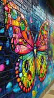 A colorful butterfly painted on a brick wall photo