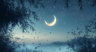 A moon and crescent in the sky over a river photo