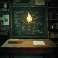 An old school desk with a light bulb on it photo