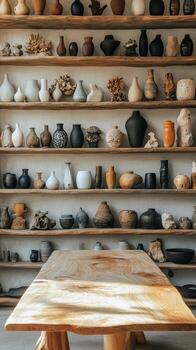 A table in front of a shelf full of pots photo