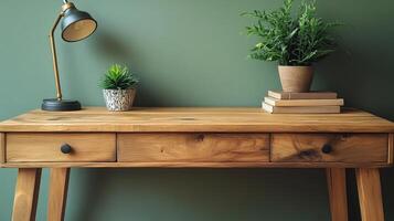 A desk with a lamp and plant on it photo