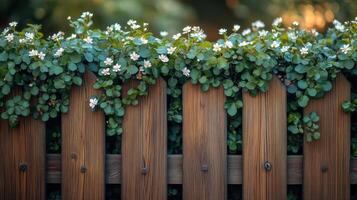 A wooden fence with white flowers growing on it photo