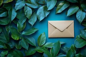 Envelope resting on vibrant green leaves with a textured background photo