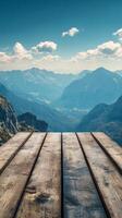 Wooden table top on a mountain view photo