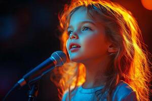 A little girl singing into a microphone photo