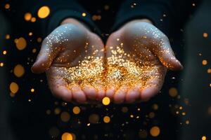 Hands holding sparkling golden glitter in a dreamy setting during sunlight photo