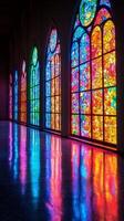 A row of colorful stained glass windows photo