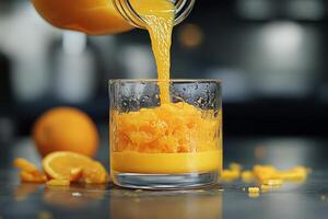 Splash of fresh orange juice captured in a glass with vibrant color and energy in a stylish setting photo
