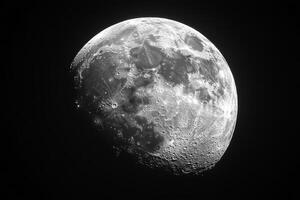 The moon is shown in black and white photo