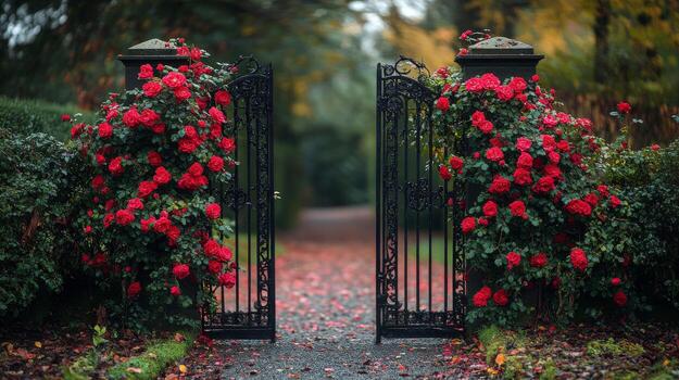 A gate with red roses growing on it photo