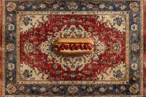 A hot dog on a rug photo
