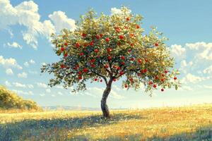 An apple tree in a field with red apples photo