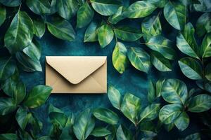 Envelope on green leaves background photo