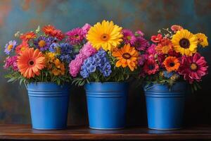 Three blue buckets with colorful flowers in them photo