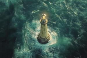 An aerial view of a lighthouse in the ocean photo