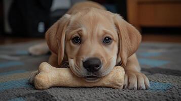 A puppy chewing on a bone photo