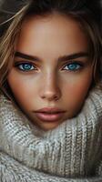 A woman with blue eyes and a scarf photo