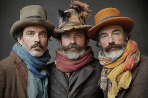Three men posing together in stylish winter attire against a subtle backdrop photo