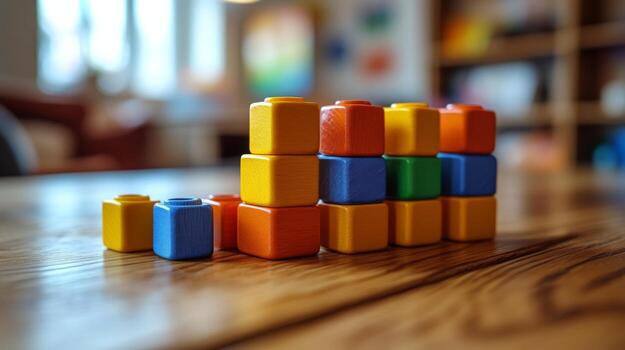 Colorful building blocks arranged neatly on a wooden table in a cozy playroom photo