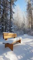 A wooden bench sits in the snow in the woods photo