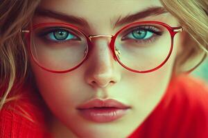 A woman with glasses and red sweater photo
