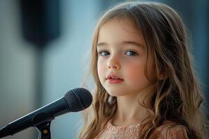 A young girl is singing into a microphone photo