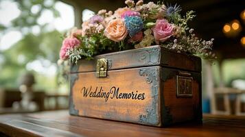 Elegant wooden box with flowers for storing wedding memories in a rustic setting photo