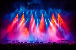 A concert stage with bright lights and smoke photo