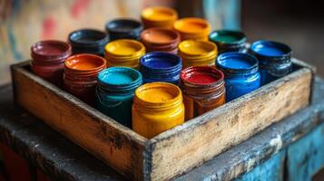 Colorful paint bottles in a wooden box photo