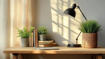A desk with books, a lamp and a plant photo