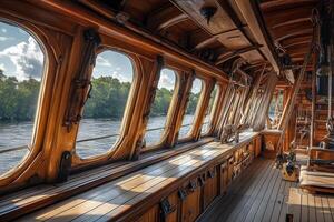 The interior of a boat with windows and wooden floors photo
