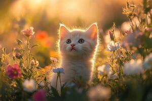 A kitten in a field of flowers looking up photo