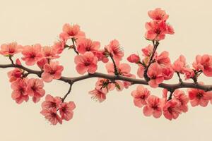 A branch of pink flowers is shown in this photo