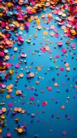 Colorful confetti falling on a blue surface photo