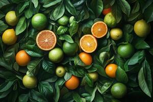 Citrus fruits and leaves background photo