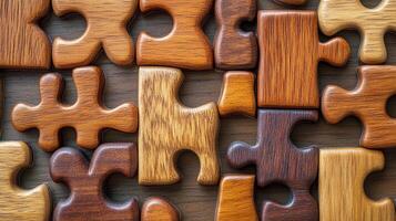 A group of wooden puzzle pieces arranged in a pattern photo